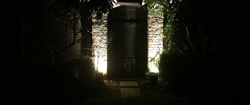 Front entry of a home in Louisville, GA. with landscape lighting. 