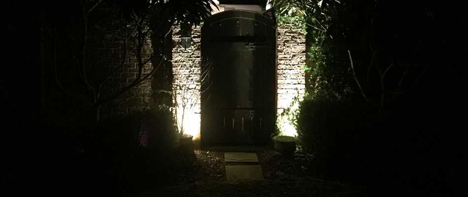 Front entry of a home in Louisville, GA. with landscape lighting.